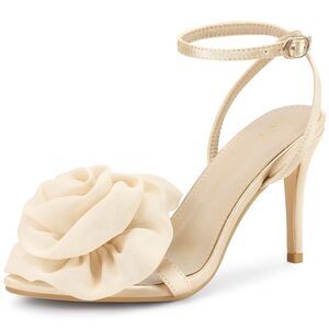 Satin Rose Flower Stiletto High Heel Slingback Heeled Sandals Champagne